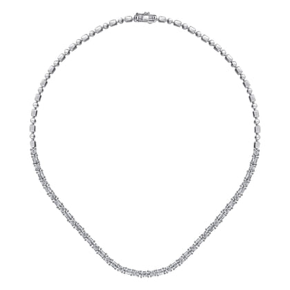 18K White Gold Emerald and Round Diamond Tennis Necklace