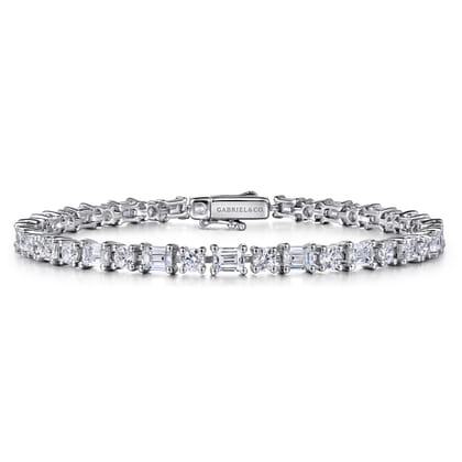 18K White Gold Emerald cut and Round Diamond Tennis Bracelet