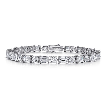 18K White Gold Emerald cut and Round Diamond Tennis Bracelet