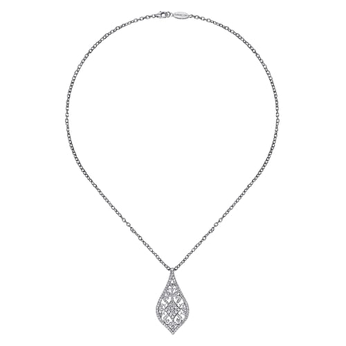 18K White Gold Filigree Diamond Teardrop Pendant Necklace - 2.27 ct - Shot 2