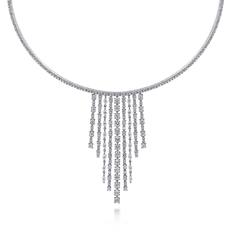 18K White Gold Graduating Diamond Bar Statement Necklace - 7.35 ct - Shot 1