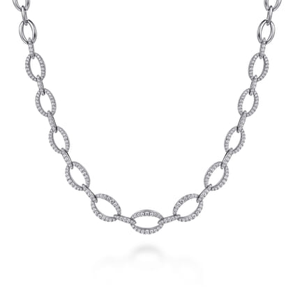 18K White Gold Graduating Oval Link Diamond Necklace