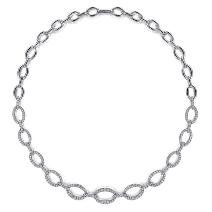 18K White Gold Graduating Oval Link Diamond Necklace