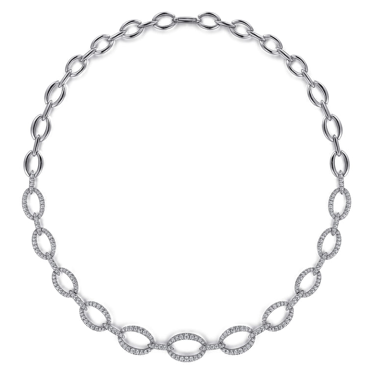 18K White Gold Graduating Oval Link Diamond Necklace - 2.98 ct - Shot 2