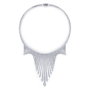 18K White Gold Graduating Spikes Diamond Statement Necklace