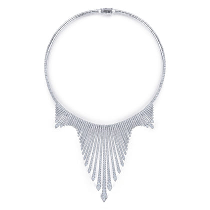 18K White Gold Graduating Spikes Diamond Statement Necklace