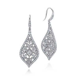 18K White Gold Intricate Pointed Teardrop Diamond Drop Earrings