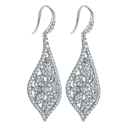 18K White Gold Intricate Pointed Teardrop Diamond Drop Earrings