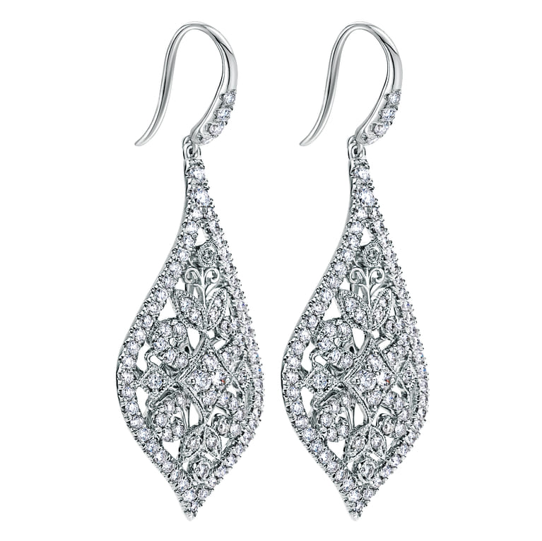 18K White Gold Intricate Pointed Teardrop Diamond Drop Earrings - 1.45 ct - Shot 2
