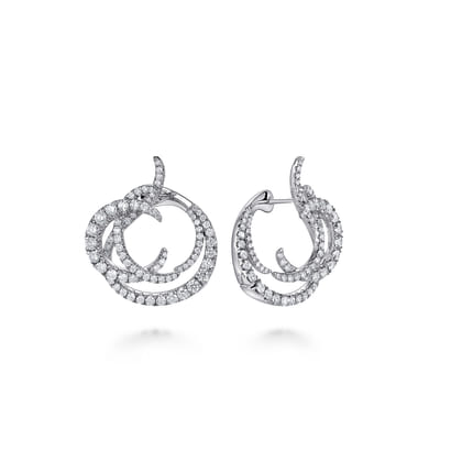 18K White Gold Intricate Round Twisted 25mm Diamond Hoop Earrings