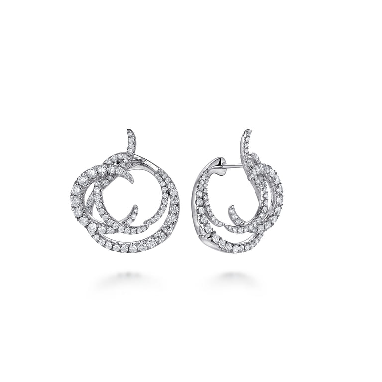 18K White Gold Intricate Round Twisted 25mm Diamond Hoop Earrings - 2.1 ct - Shot 1