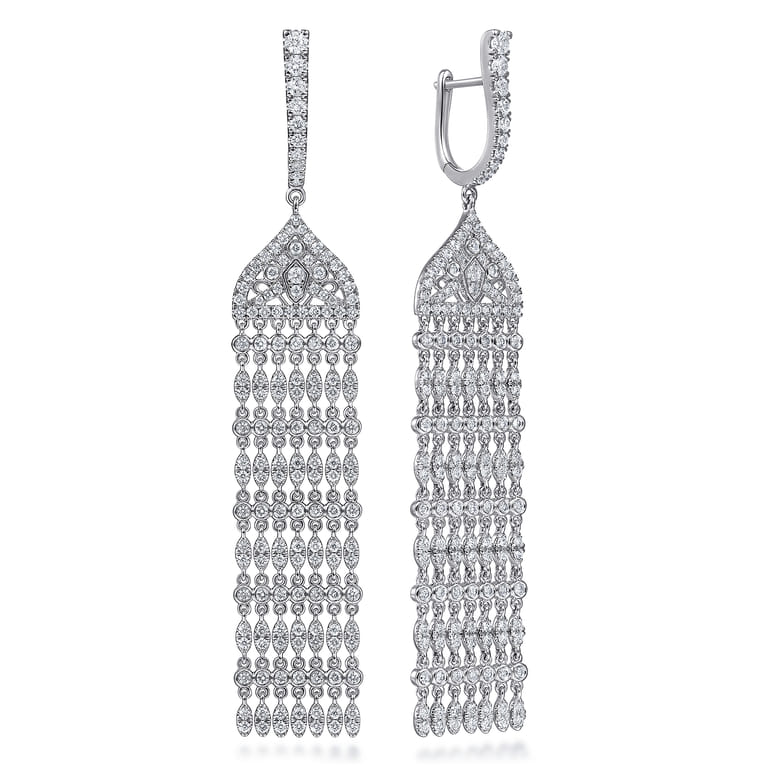 18K White Gold Long Diamond Chandelier Earrings - 3 ct - Shot 1