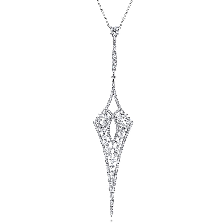 18K White Gold Long Diamond Kite Shaped Pendant Necklace - 2.69 ct - Shot 1