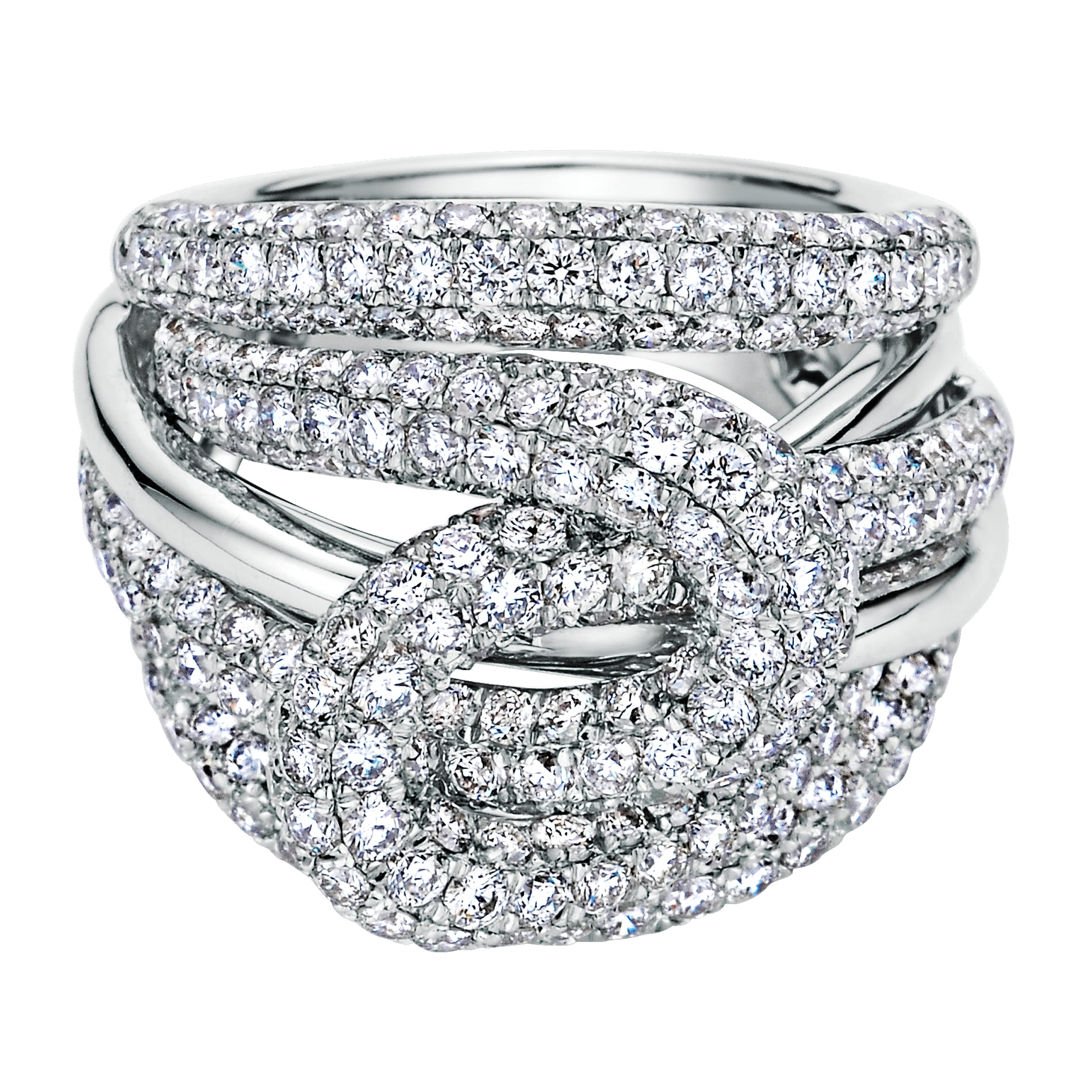 18K White Gold Multi Row Twisted Diamond Knot Ring - 4.4 ct - Shot 1