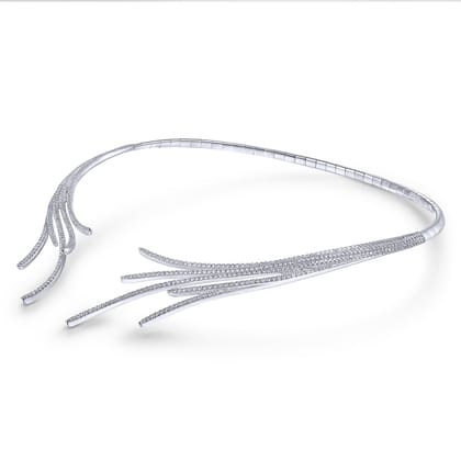 18K White Gold Open Multi Row Diamond Statement Necklace