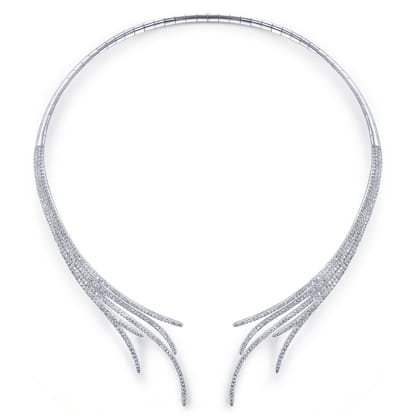 18K White Gold Open Multi Row Diamond Statement Necklace