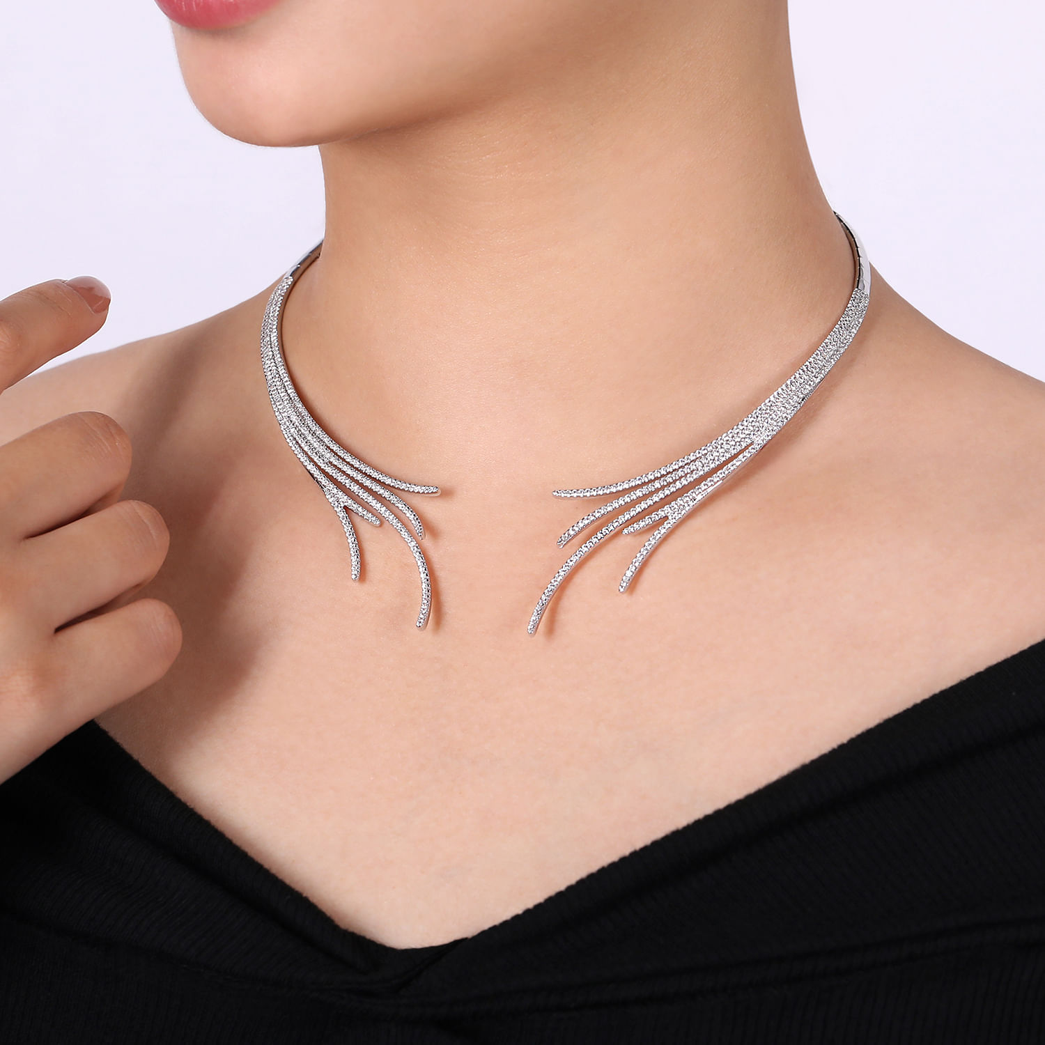 18K White Gold Open Multi Row Diamond Statement Necklace