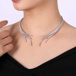 18K White Gold Open Multi Row Diamond Statement Necklace