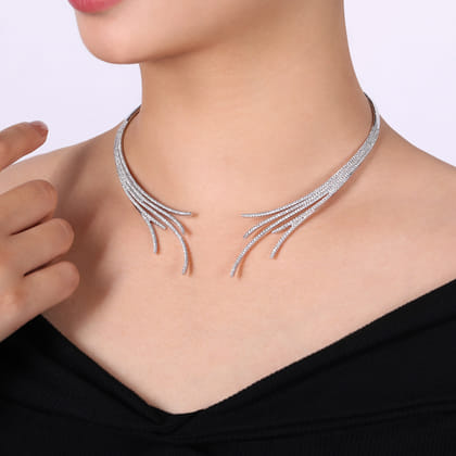 18K White Gold Open Multi Row Diamond Statement Necklace