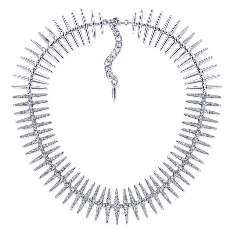 18K White Gold Pave Diamond Spike Statement Necklace - 7.06 ct - Shot 2