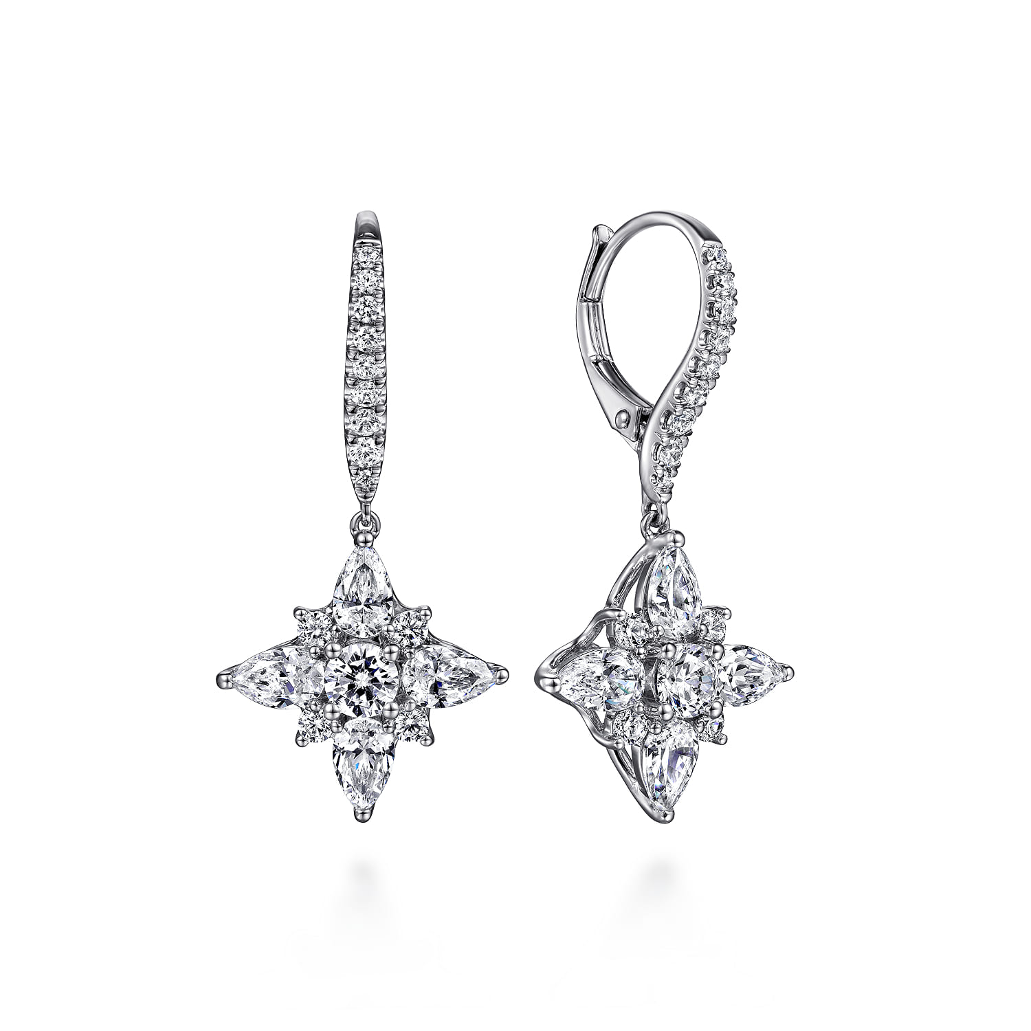 18K White Gold Pear Shape and Round Diamond Drop Earrings - 2.45 ct - Shot 1