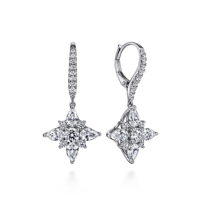 18K White Gold Pear Shape and Round Diamond Drop Earrings