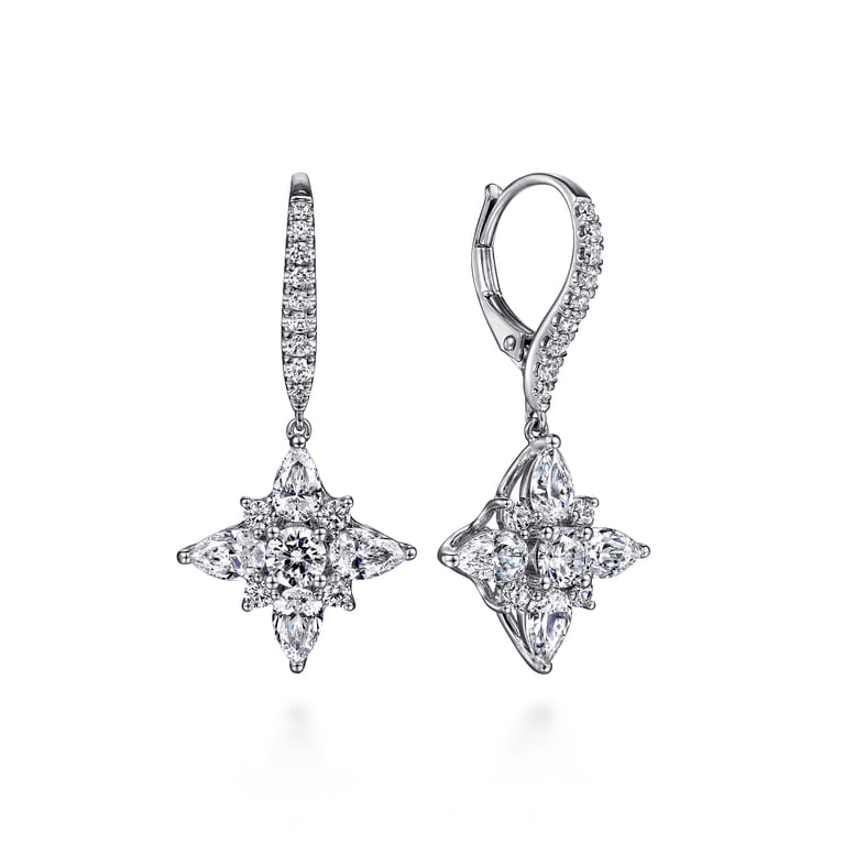 18K White Gold Pear Shape and Round Diamond Drop Earrings - 2.45 ct - Shot 1