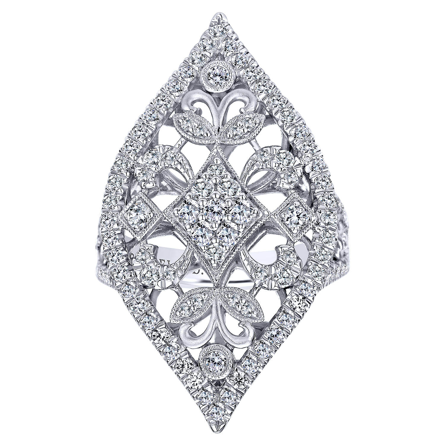 18K White Gold Pointed Oval Openwork Diamond Statement Ring