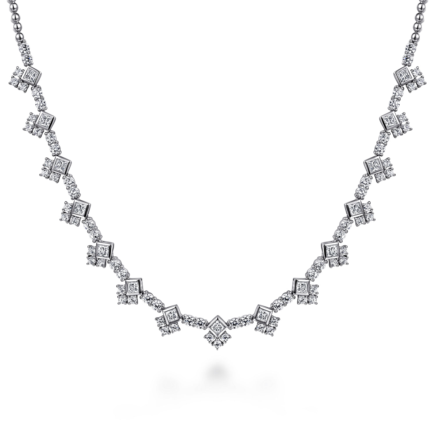 18K White Gold Princess and Round Diamond Necklace