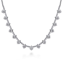 18K White Gold Princess and Round Diamond Necklace