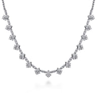 18K White Gold Princess and Round Diamond Necklace