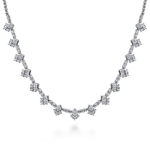 18K White Gold Princess and Round Diamond Necklace