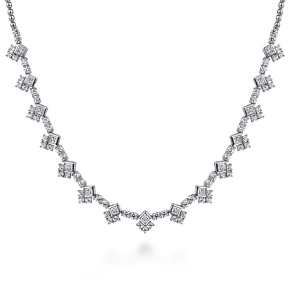 18K White Gold Princess and Round Diamond Necklace