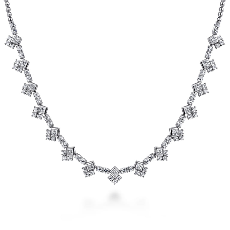 18K White Gold Princess and Round Diamond Necklace - 5.08 ct - Shot 1