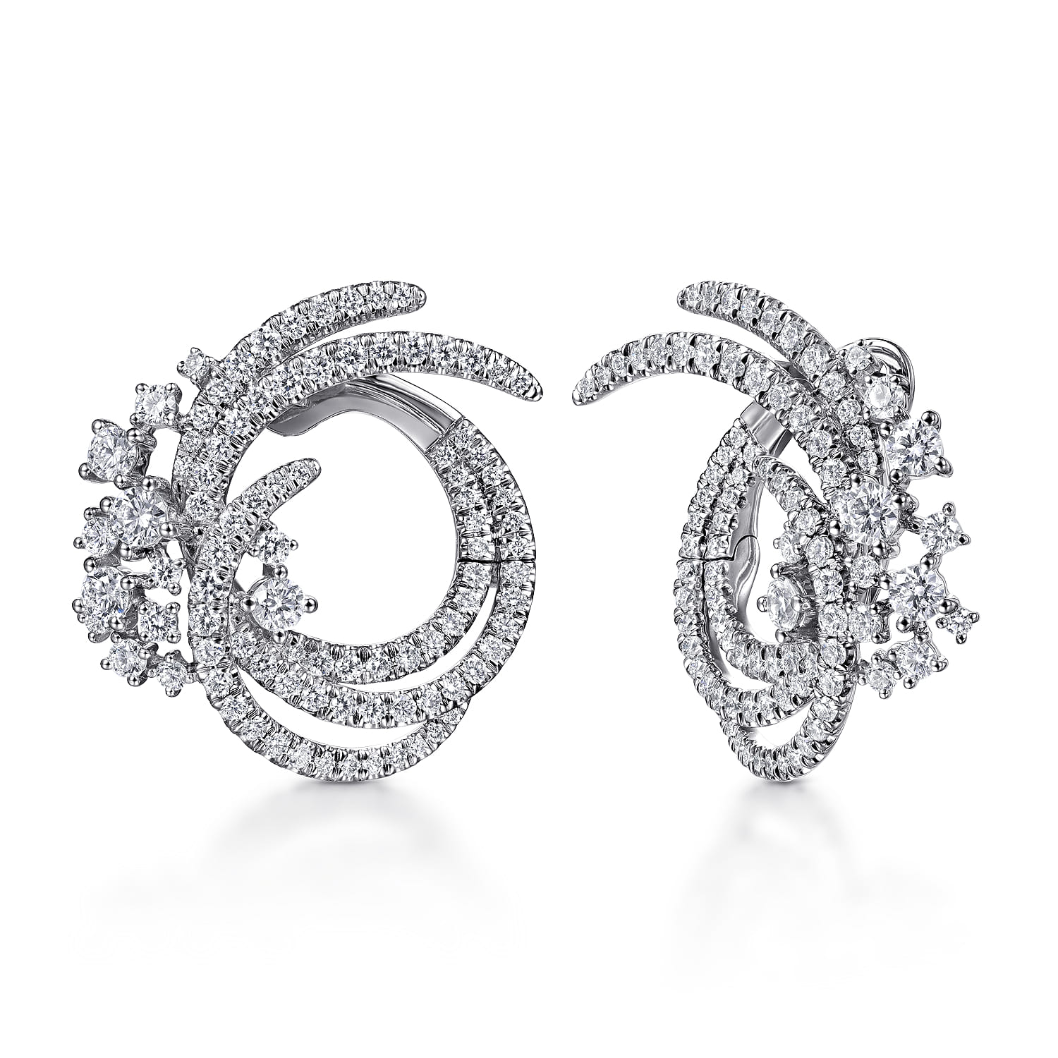 18K White Gold Round Three Row Swirling Diamond Bypass Hoop Earrings - 2.3 ct - Shot 1