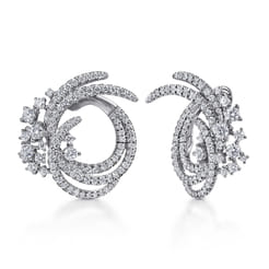 18K White Gold Round Three Row Swirling Diamond Bypass Hoop Earrings