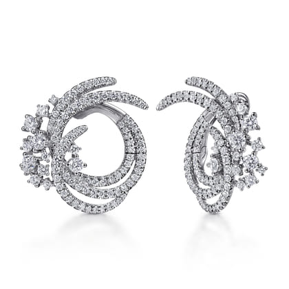 18K White Gold Round Three Row Swirling Diamond Bypass Hoop Earrings