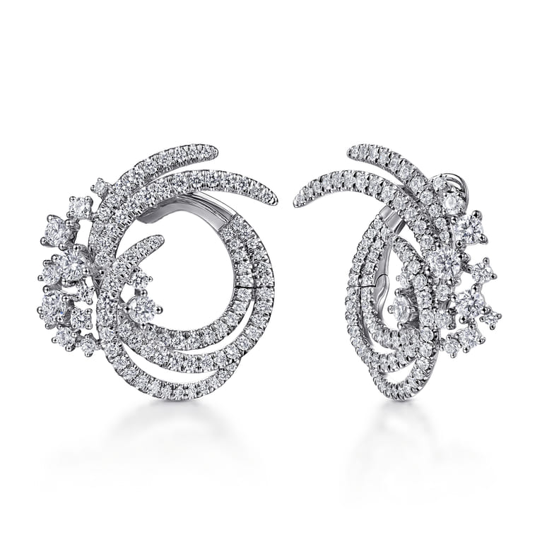 18K White Gold Round Three Row Swirling Diamond Bypass Hoop Earrings - 2.3 ct - Shot 1