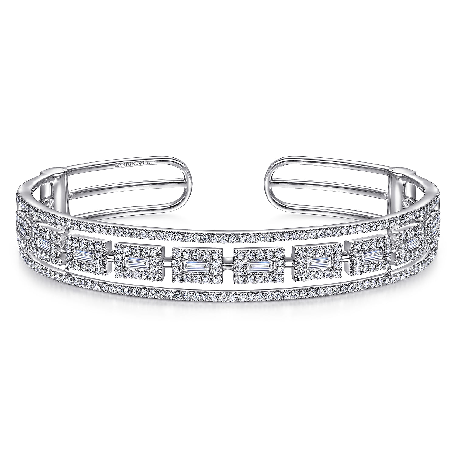 18K White Gold Round and Baguette Diamond Cuff Bracelet - 2.2 ct - Shot 1