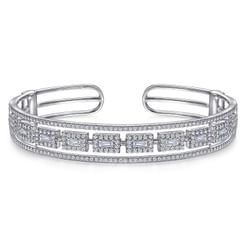 18K White Gold Round and Baguette Diamond Cuff Bracelet