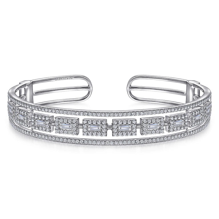 18K White Gold Round and Baguette Diamond Cuff Bracelet - 2.2 ct - Shot 1
