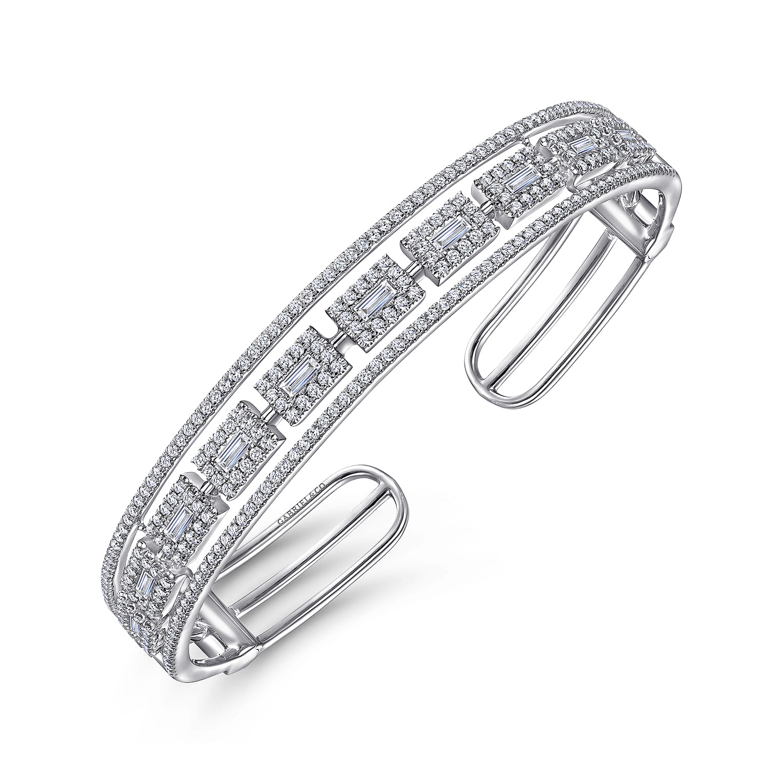 18K White Gold Round and Baguette Diamond Cuff Bracelet - 2.2 ct - Shot 2