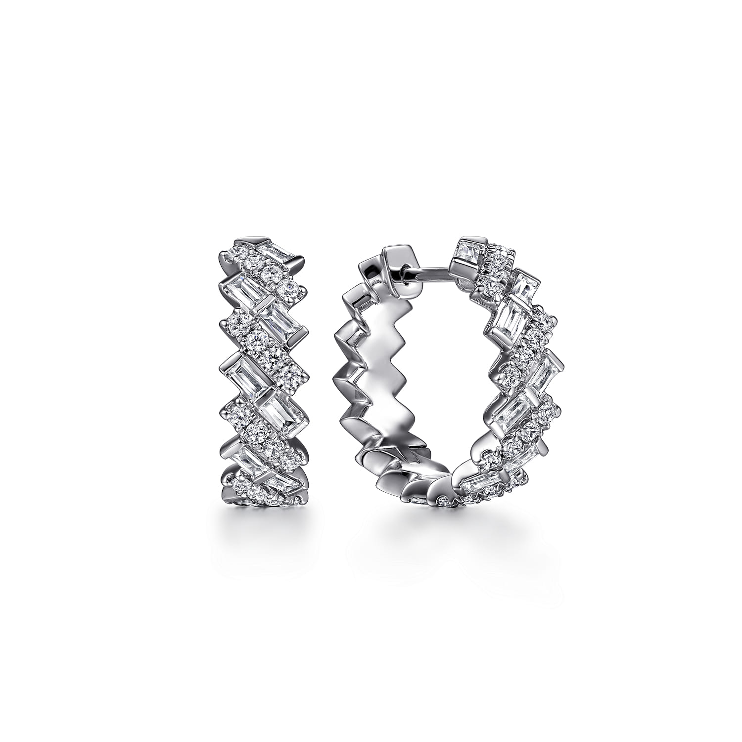 18K White Gold Round and Baguette Diamond Huggie Earrings - 0.85 ct - Shot 1