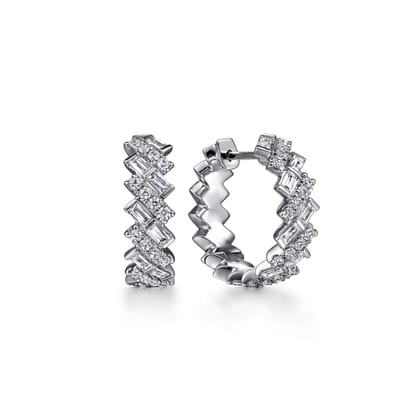 18K White Gold Round and Baguette Diamond Huggie Earrings