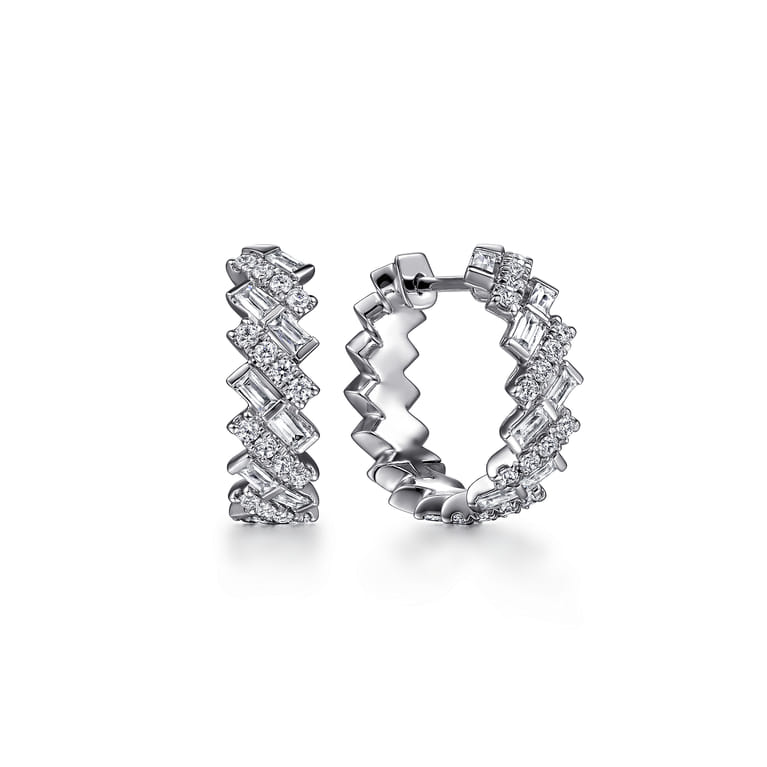 18K White Gold Round and Baguette Diamond Huggie Earrings - 0.85 ct - Shot 1