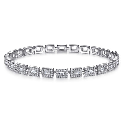 18K White Gold Round and Baguette Diamond Tennis Bracelet