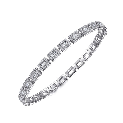 18K White Gold Round and Baguette Diamond Tennis Bracelet