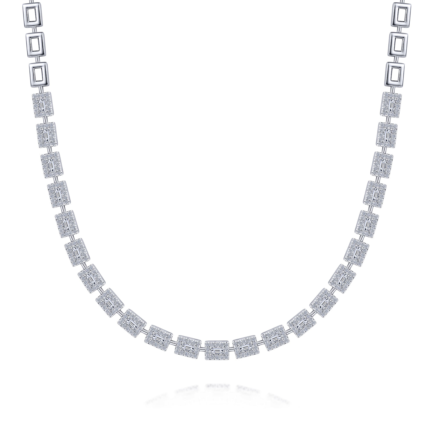 18K White Gold Station Necklace with Diamond Halo Baguettes