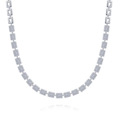 18K White Gold Station Necklace with Diamond Halo Baguettes 