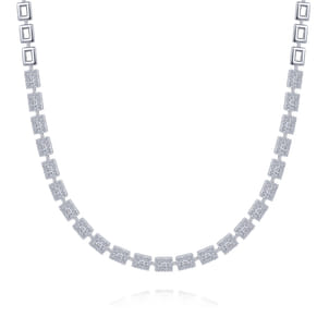 18K White Gold Station Necklace with Diamond Halo Baguettes
